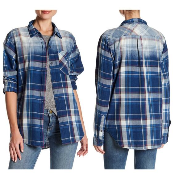 Current/Elliott Women's Plaid Boyfriend Shirt Blue Plaid Size 0 - Picture 1 of 8